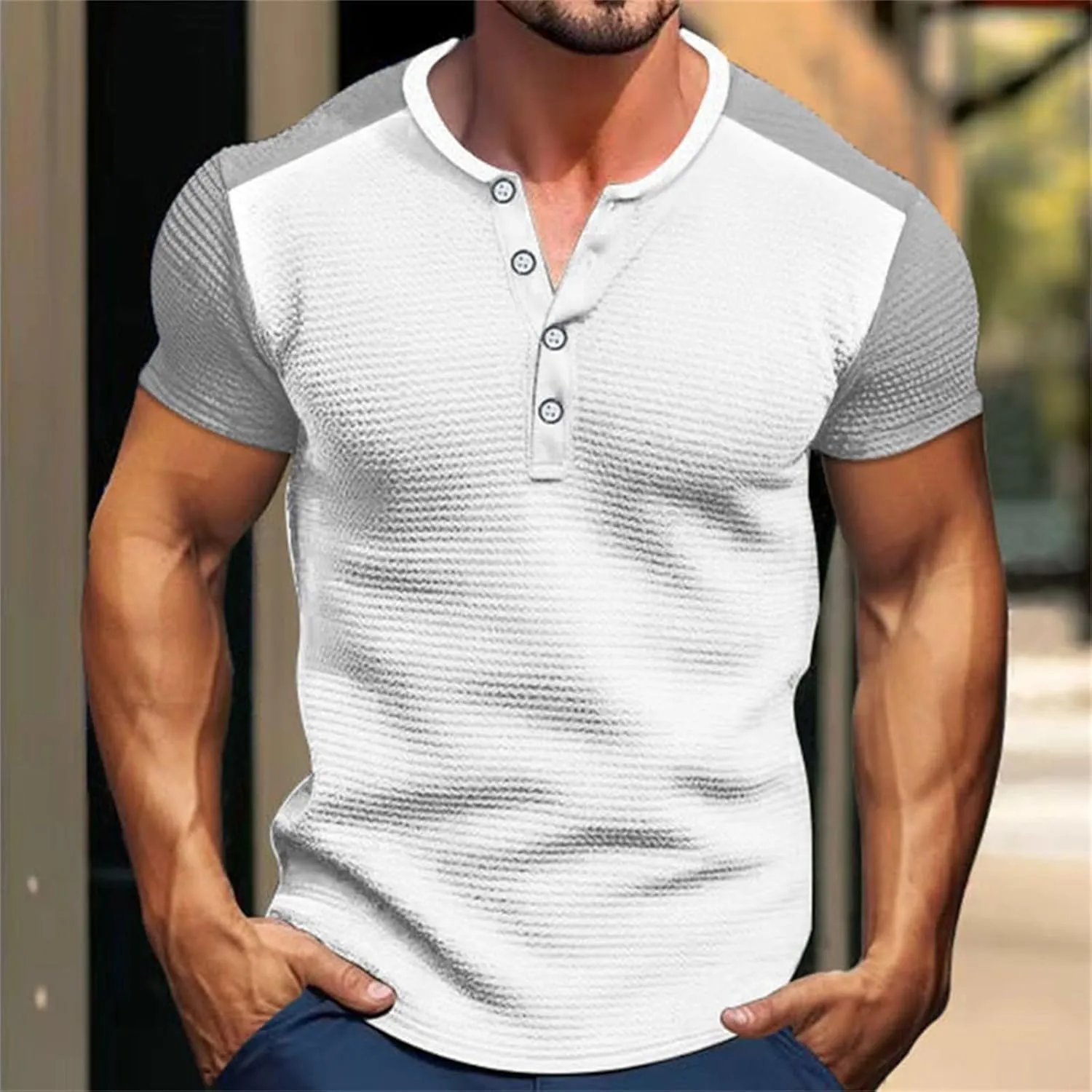 Men's Color Block Waffle Knit Henley Shirt Short Sleeve Button Down Round Neck Vacation Wear Breathable Holiday Stylish Top