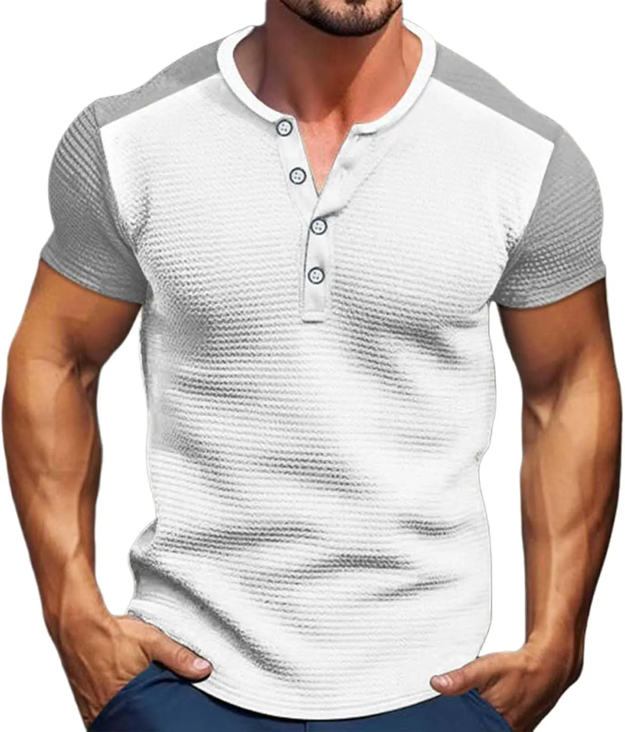 Men's Color Block Waffle Knit Henley Shirt Short Sleeve Button Down Round Neck Vacation Wear Breathable Holiday Stylish Top