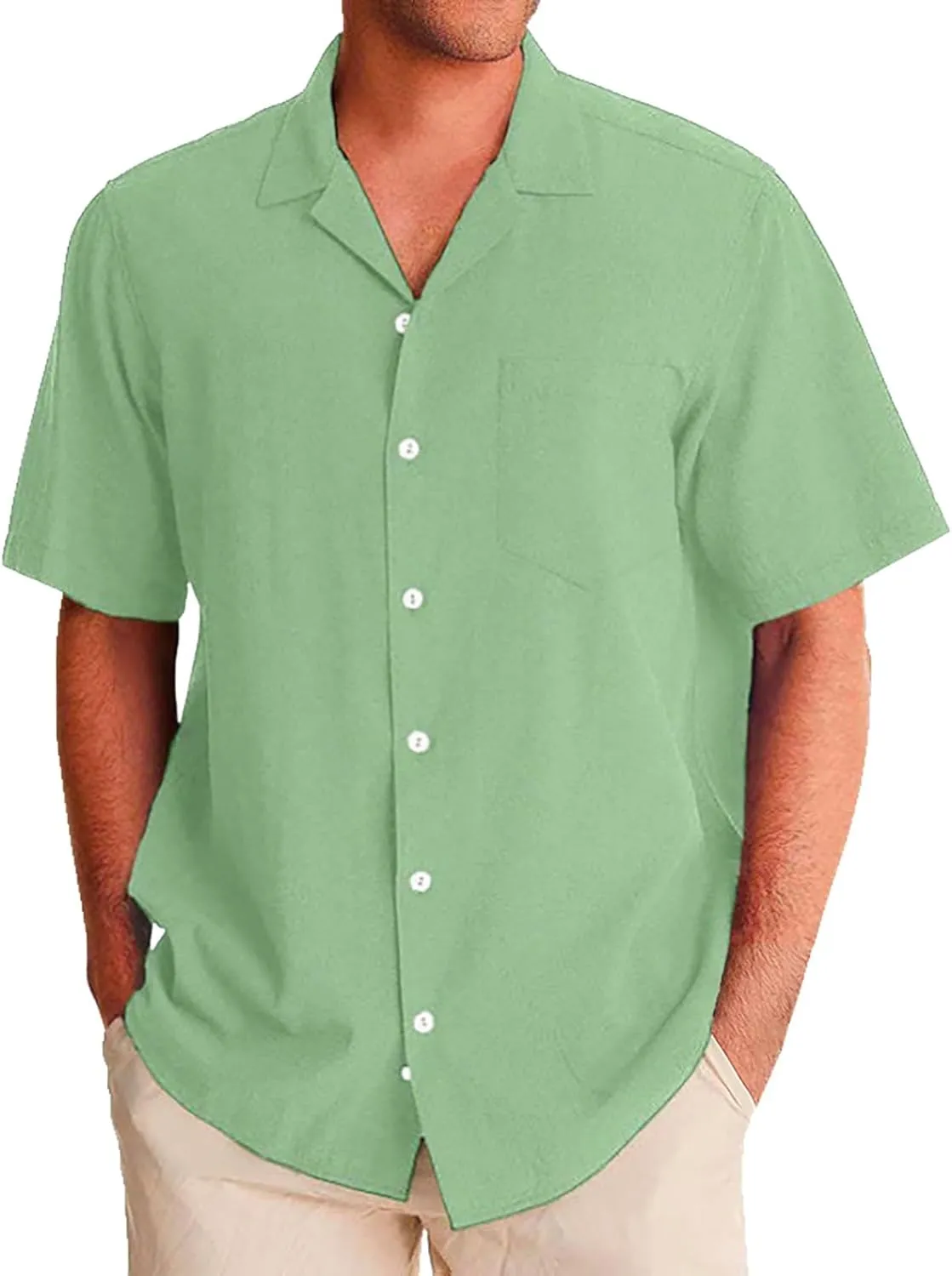 Men's Cuban Collar Shirt Solid Color Loose Fit Trendy Button Down Short Sleeve Top Summer Beach Vacation Party Breathable Tee