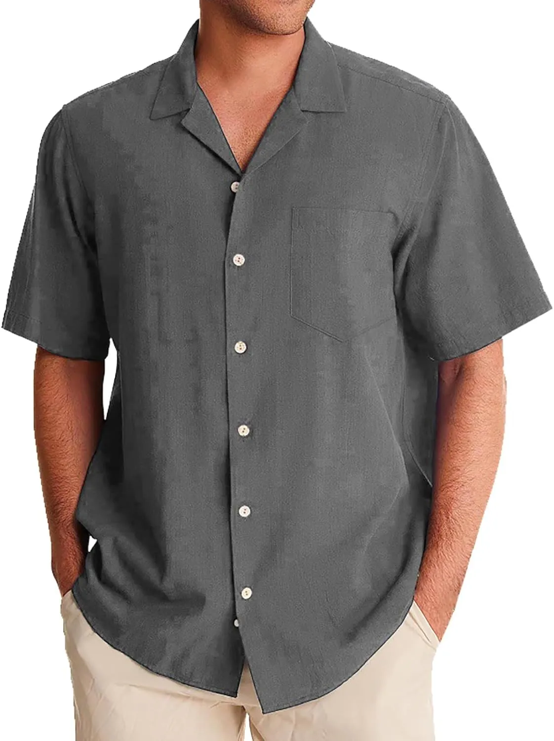 Men's Cuban Collar Shirt Solid Color Loose Fit Trendy Button Down Short Sleeve Top Summer Beach Vacation Party Breathable Tee
