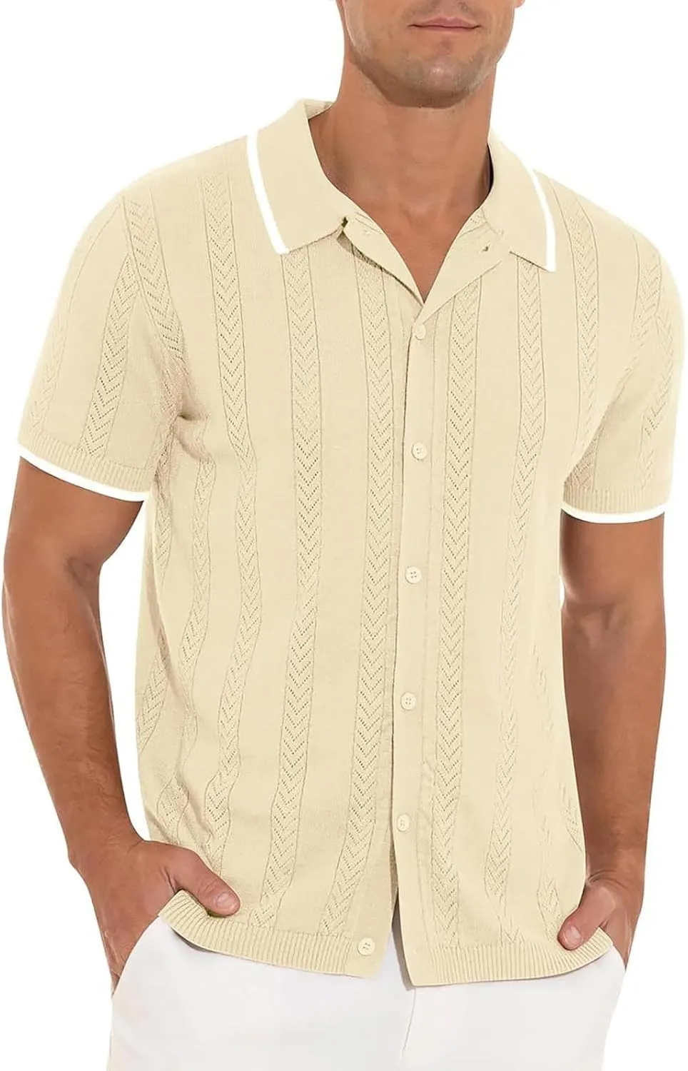 Men's Knit Openwork Shirt Button Down Short Sleeve Casual Top Breathable Solid Color Lapel Summer Holiday Loose Fit Beachwear