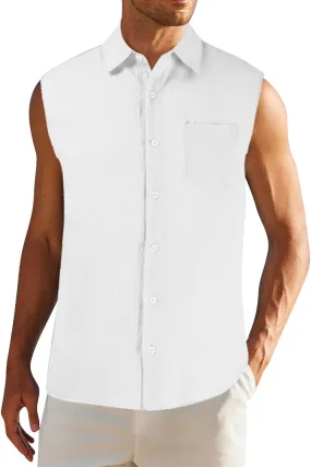 Men's Linen Cotton Tank Top Solid Color Sleeveless Single Breasted Lapel Vest Quick Dry Breathable Island Summer Beach Shirt