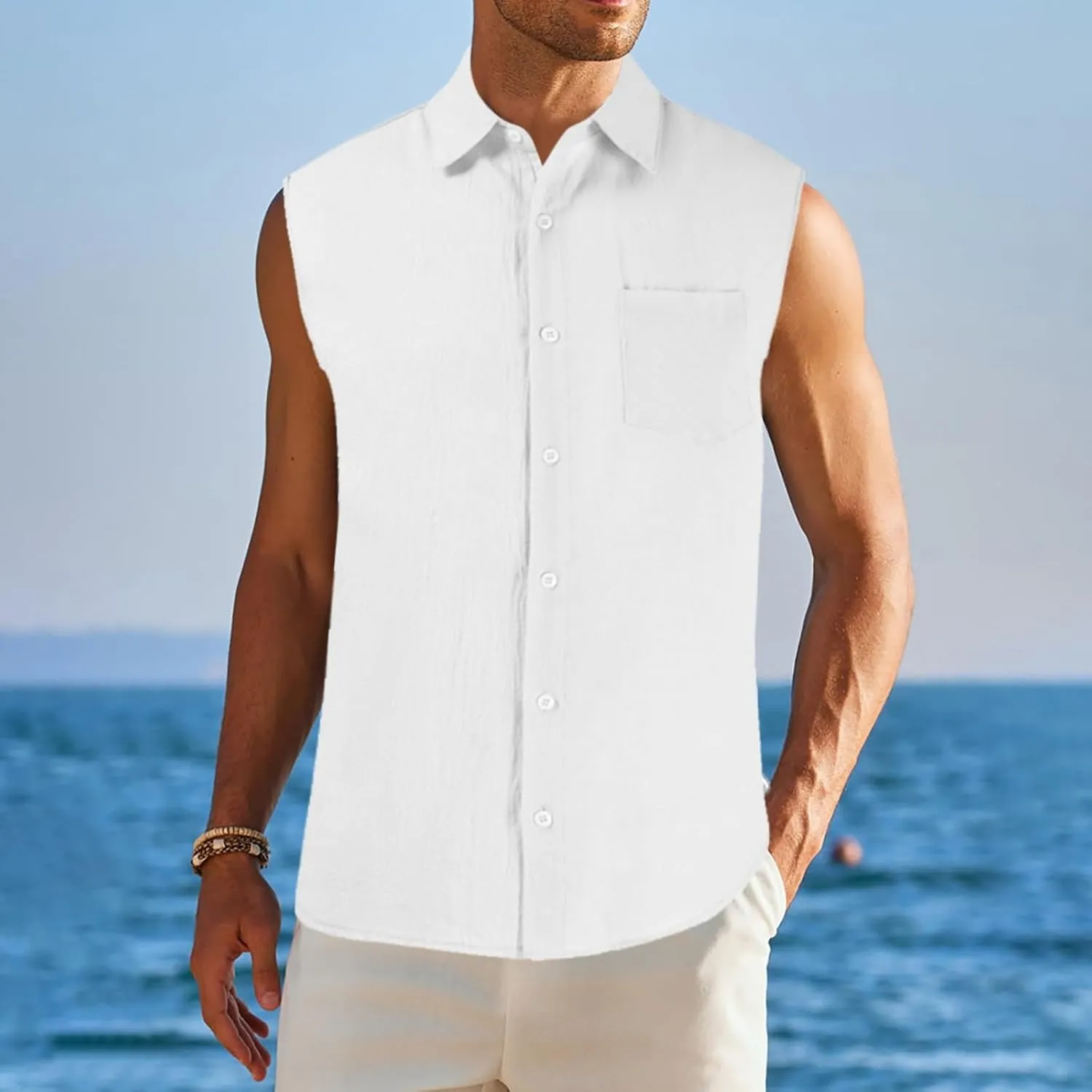 Men's Linen Cotton Tank Top Solid Color Sleeveless Single Breasted Lapel Vest Quick Dry Breathable Island Summer Beach Shirt