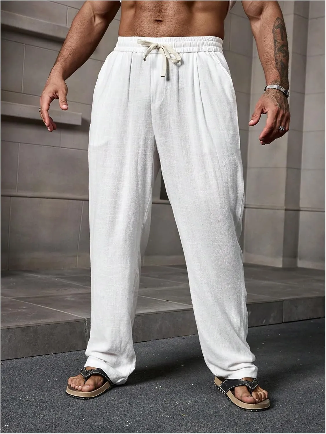 Men's Straight Leg Boho Linen Pants Drawstring Waist Loose Vacation Long Trousers with Pockets