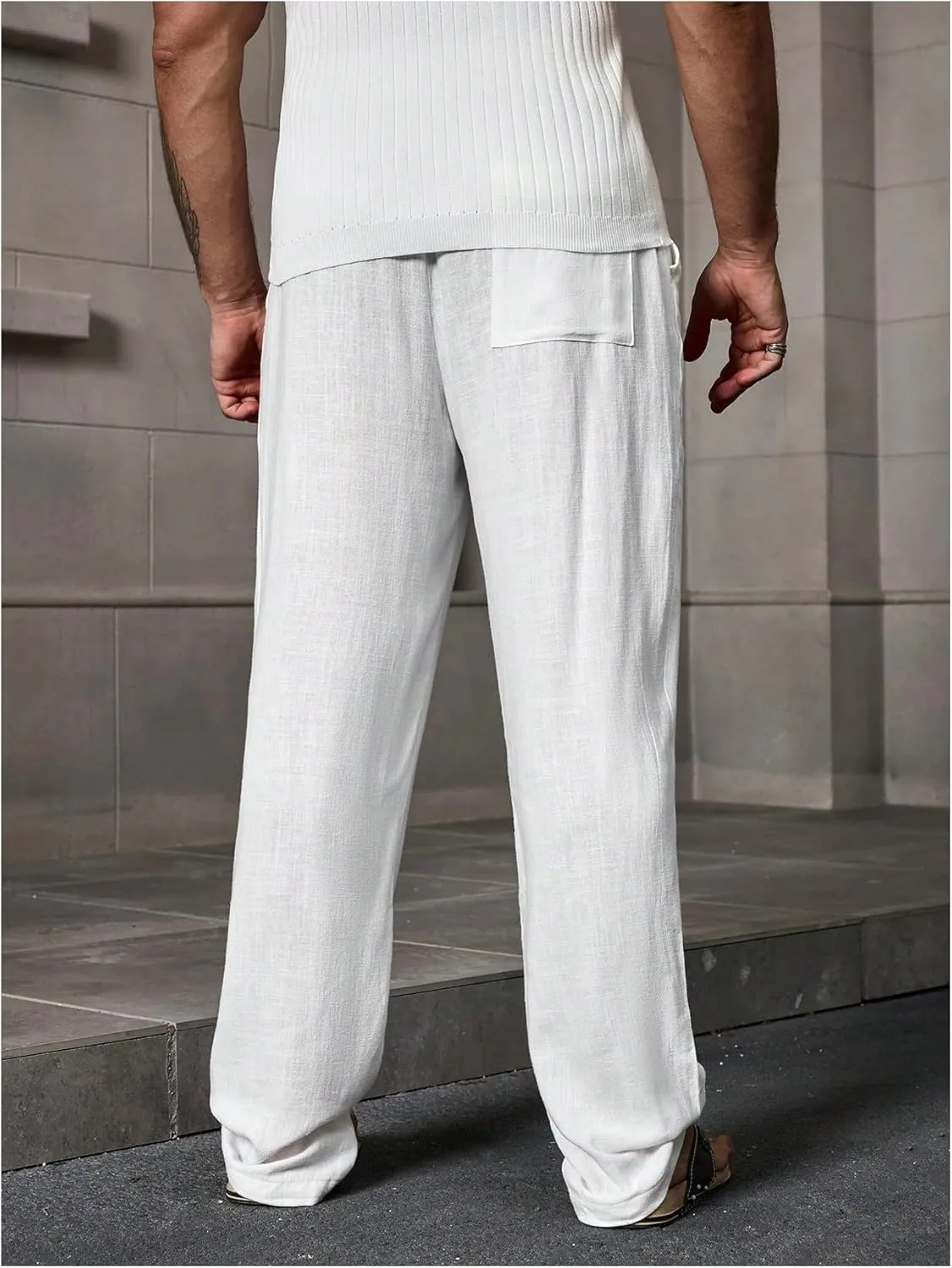 Men's Straight Leg Boho Linen Pants Drawstring Waist Loose Vacation Long Trousers with Pockets