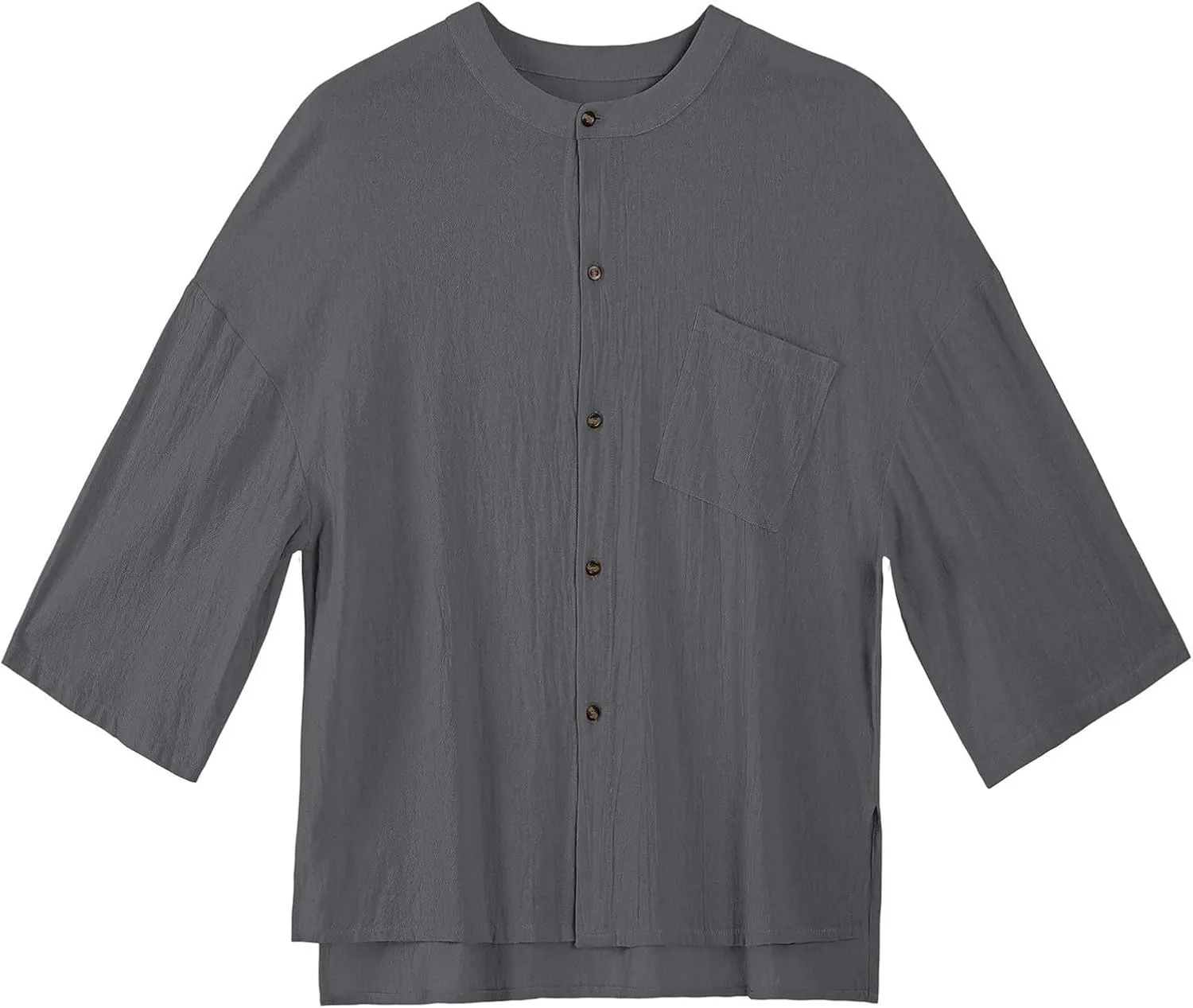 Men's Three Quarters Sleeve Shirt Solid Color Crew Neck Button Down Linen Cotton Top Pocket Breathable Summer Resort Tee