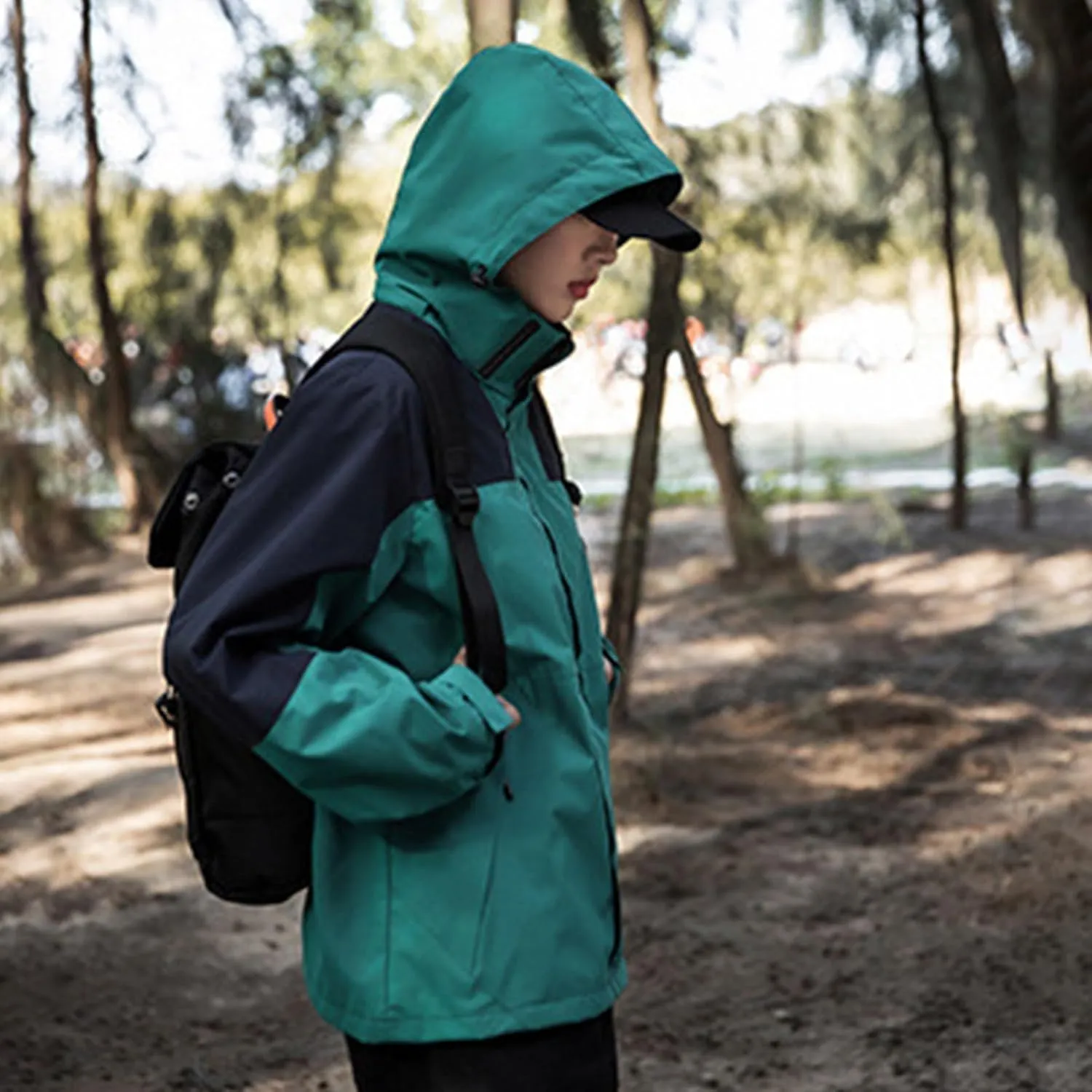Mens Waterproof Rain Jacket Lightweight Breathable Solid Contrast Patchwork Windbreak Hooded Coat Outdoor Jacket