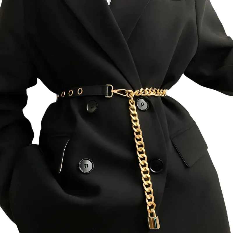 PU Leather Punk Chain Thin Buckle Belt