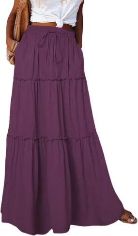 SEMATOMALA Women's Elastic Waist Swing Ruffle Pleated Maxi Boho Skirt High Waist A Line Frill Tiered Long Flowy Skirts