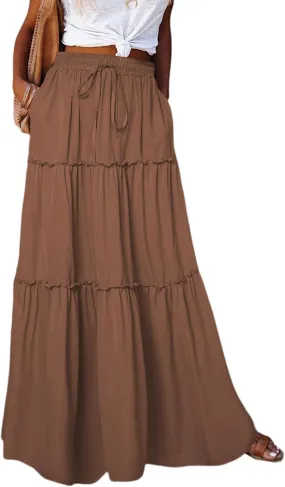 SEMATOMALA Women's Elastic Waist Swing Ruffle Pleated Maxi Boho Skirt High Waist A Line Frill Tiered Long Flowy Skirts