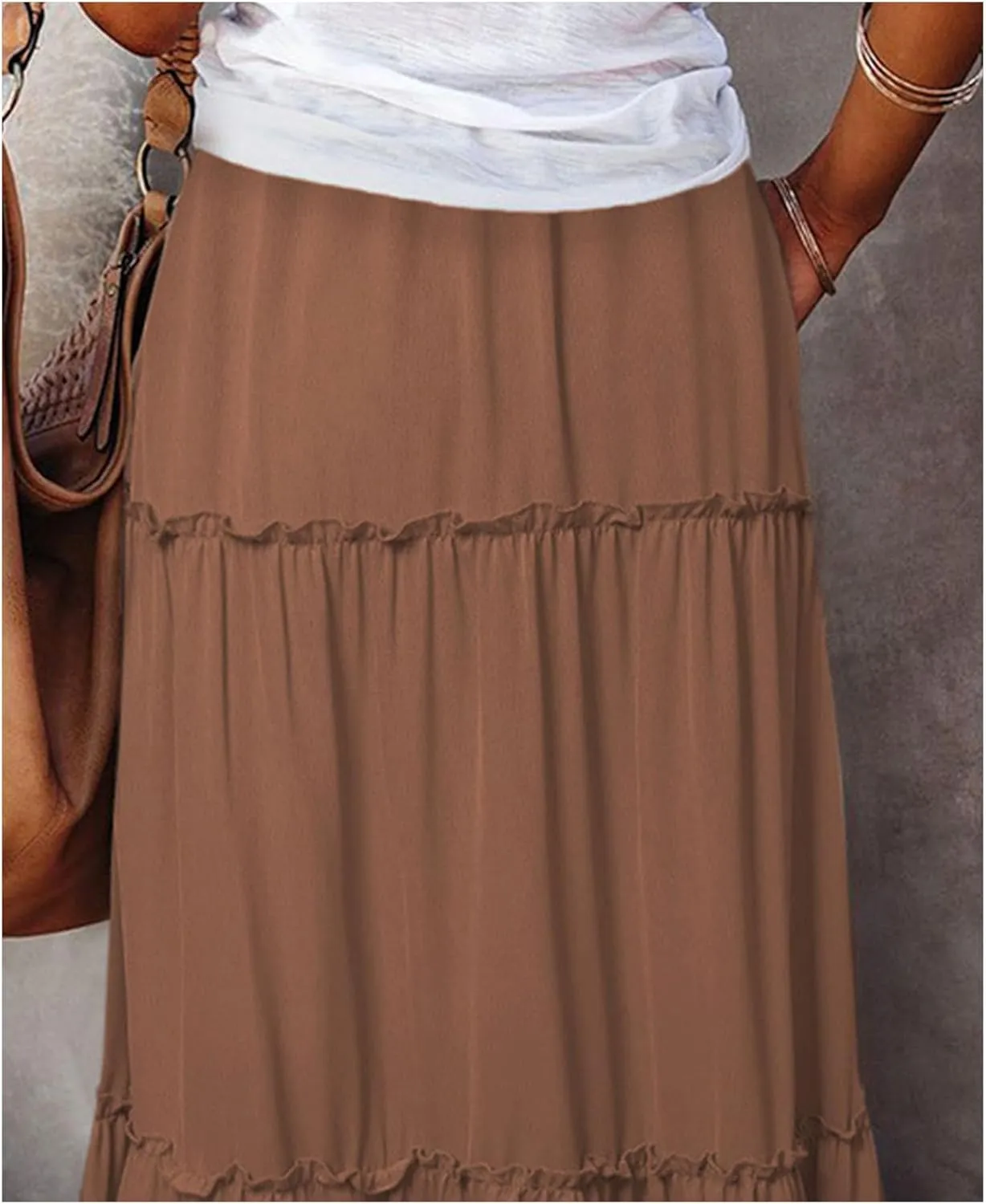 SEMATOMALA Women's Elastic Waist Swing Ruffle Pleated Maxi Boho Skirt High Waist A Line Frill Tiered Long Flowy Skirts