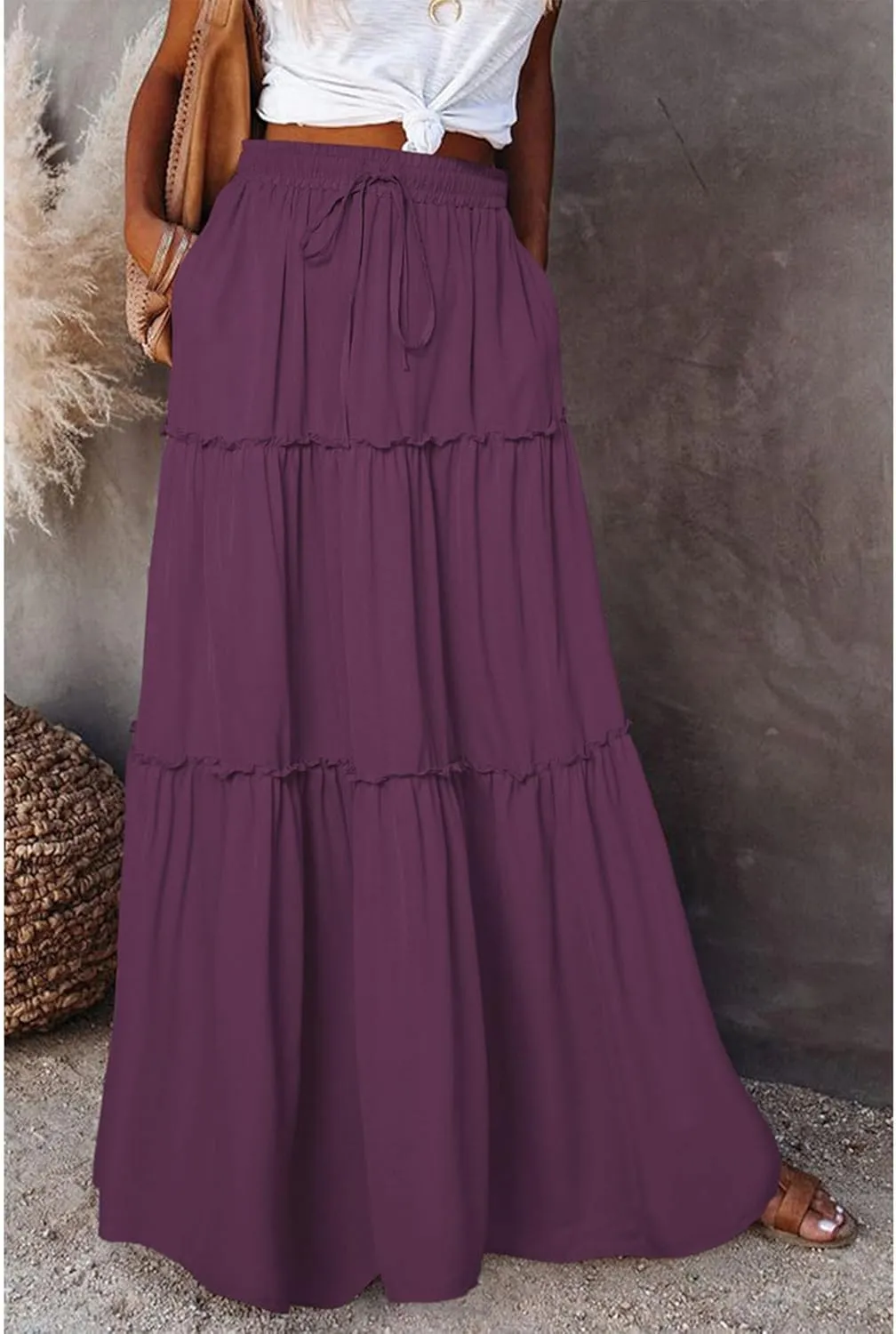 SEMATOMALA Women's Elastic Waist Swing Ruffle Pleated Maxi Boho Skirt High Waist A Line Frill Tiered Long Flowy Skirts
