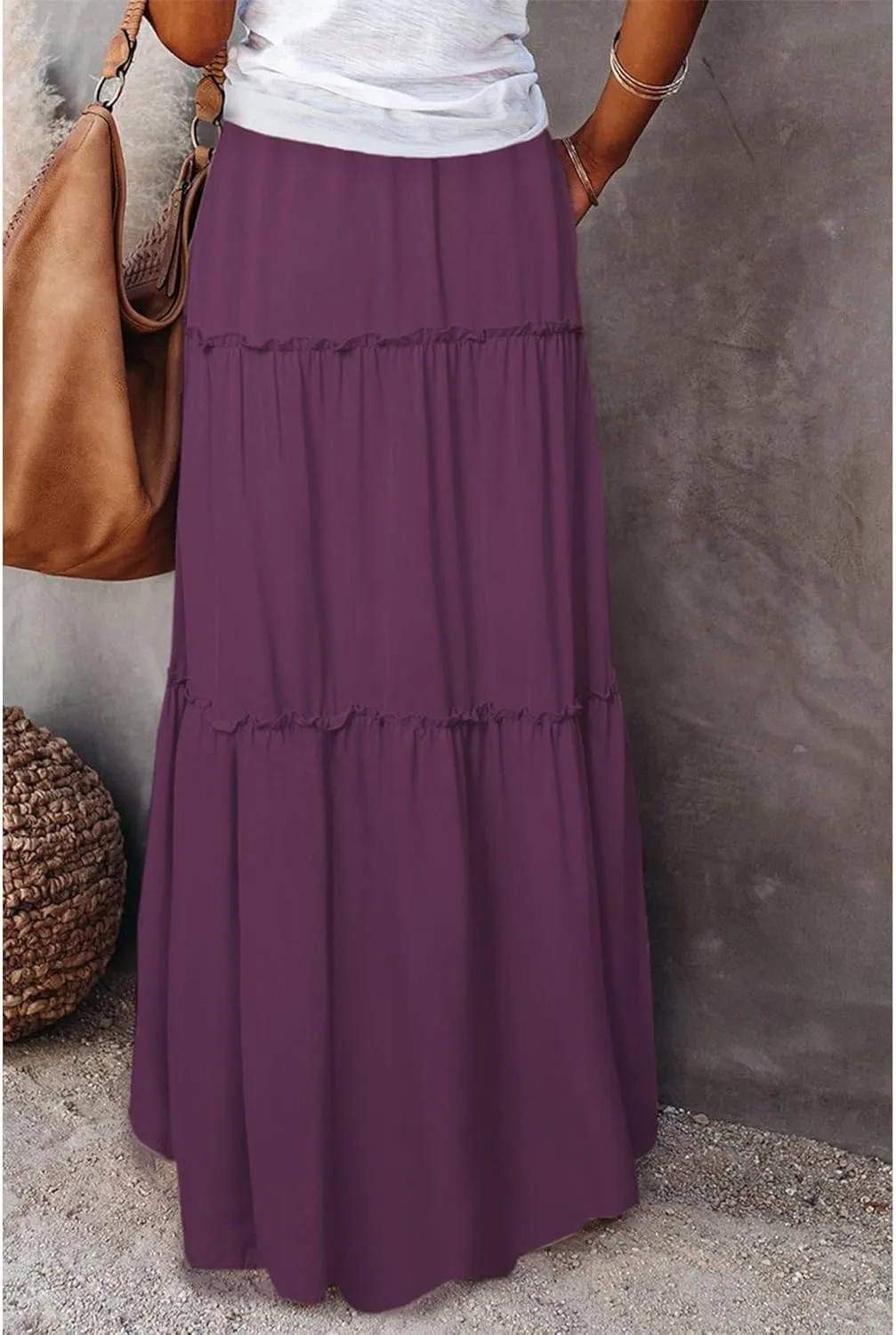 SEMATOMALA Women's Elastic Waist Swing Ruffle Pleated Maxi Boho Skirt High Waist A Line Frill Tiered Long Flowy Skirts