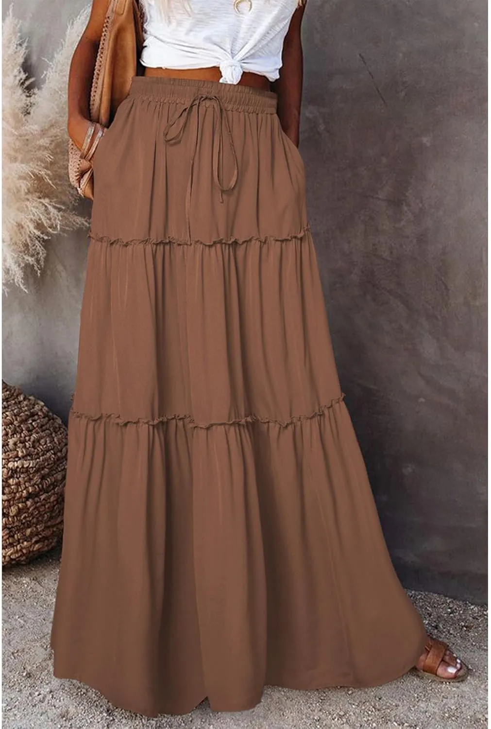 SEMATOMALA Women's Elastic Waist Swing Ruffle Pleated Maxi Boho Skirt High Waist A Line Frill Tiered Long Flowy Skirts