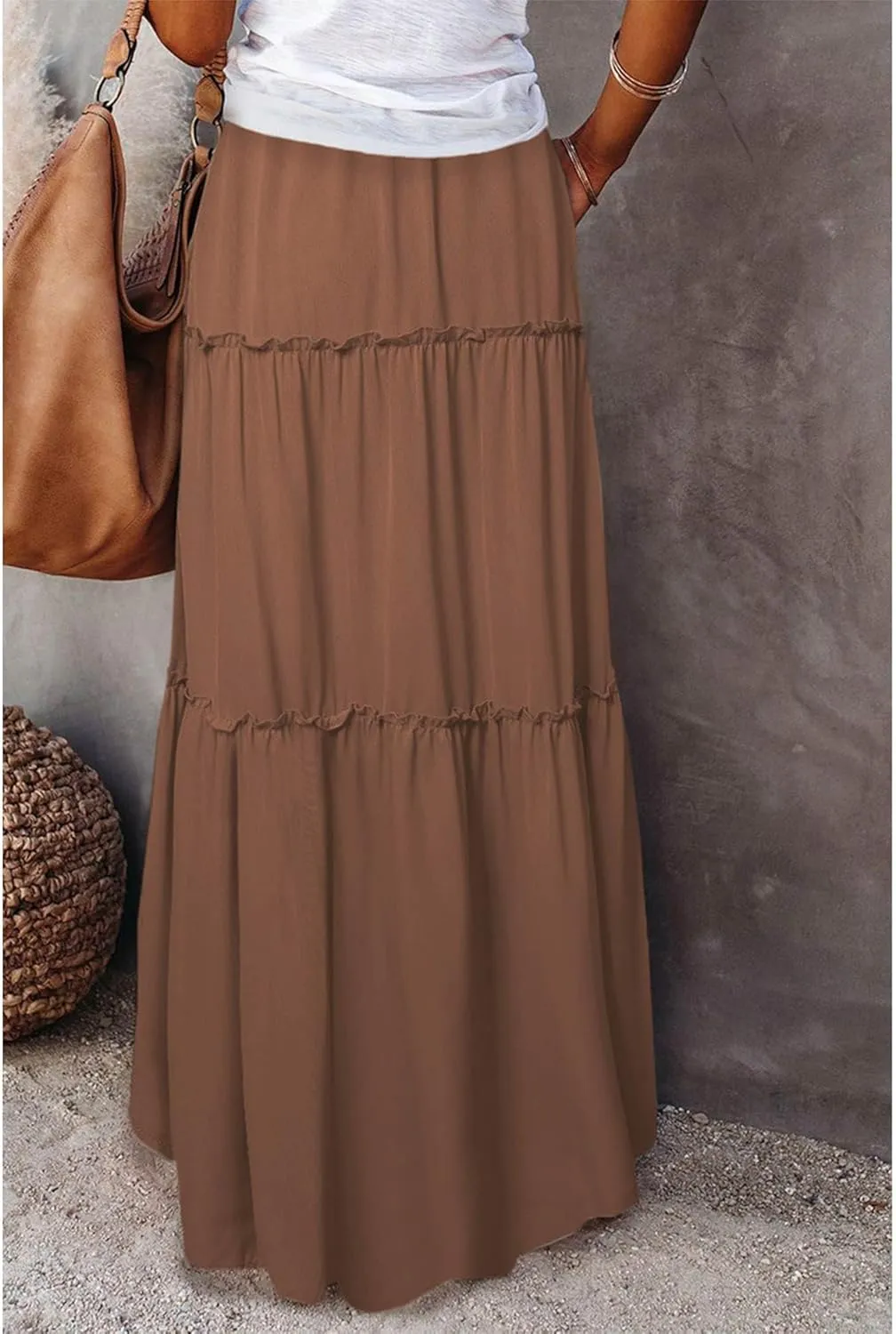 SEMATOMALA Women's Elastic Waist Swing Ruffle Pleated Maxi Boho Skirt High Waist A Line Frill Tiered Long Flowy Skirts