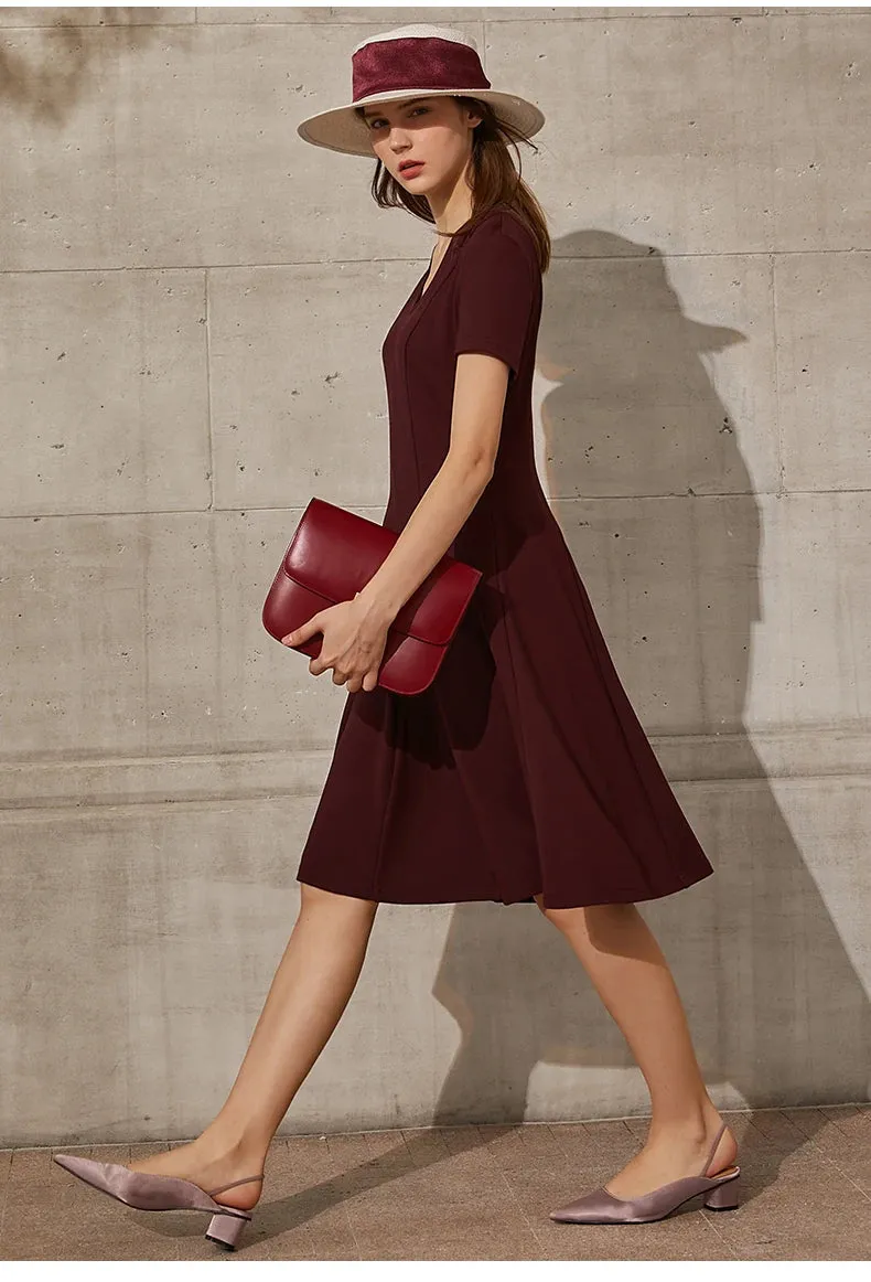 Solid V-neck A-line Slim Midi Dress
