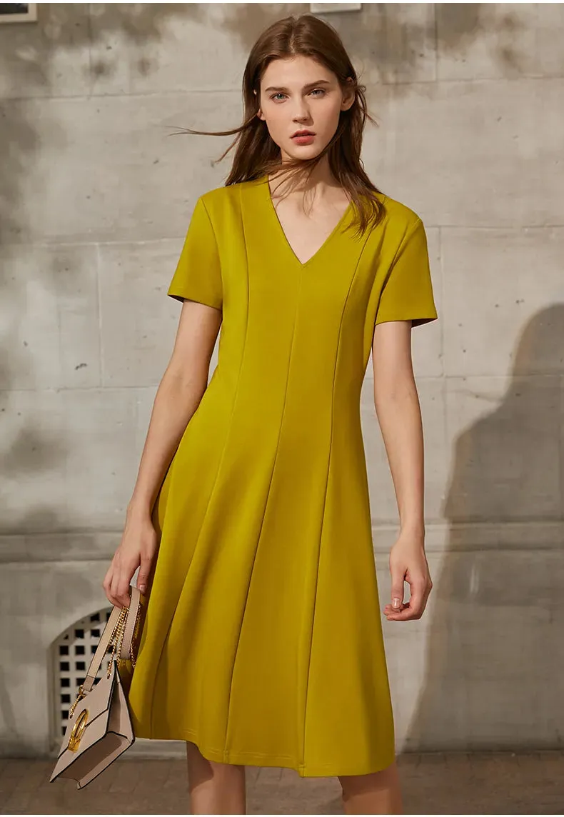 Solid V-neck A-line Slim Midi Dress