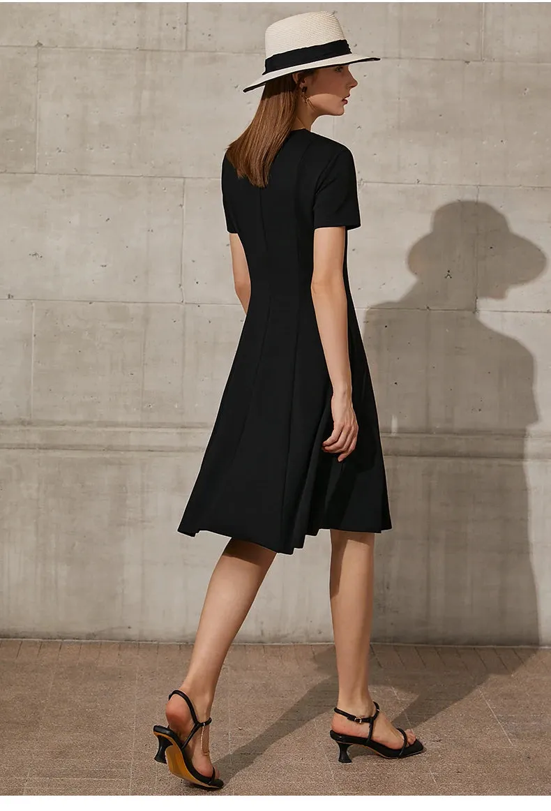 Solid V-neck A-line Slim Midi Dress