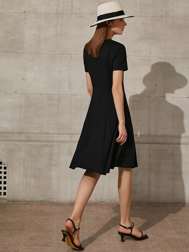 Solid V-neck A-line Slim Midi Dress
