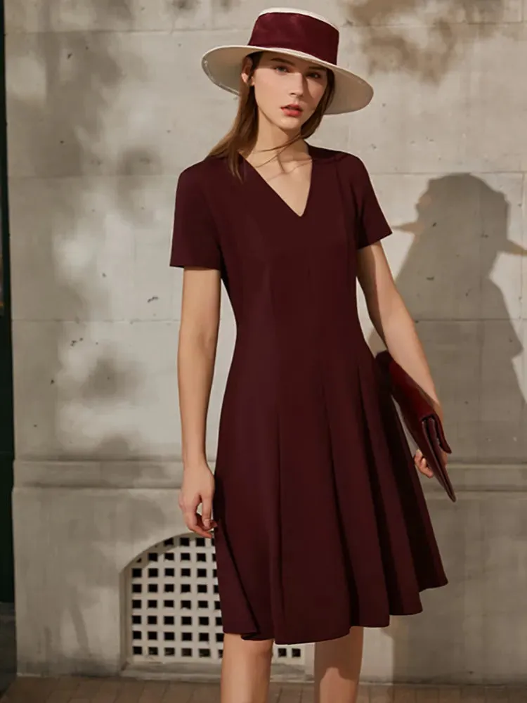 Solid V-neck A-line Slim Midi Dress