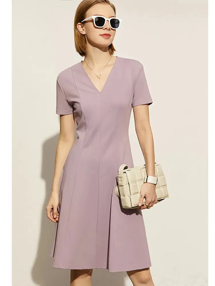 Solid V-neck A-line Slim Midi Dress