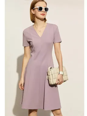 Solid V-neck A-line Slim Midi Dress