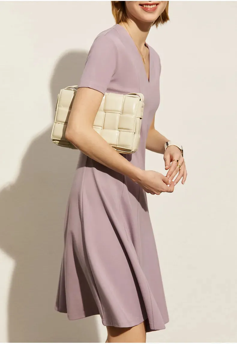 Solid V-neck A-line Slim Midi Dress