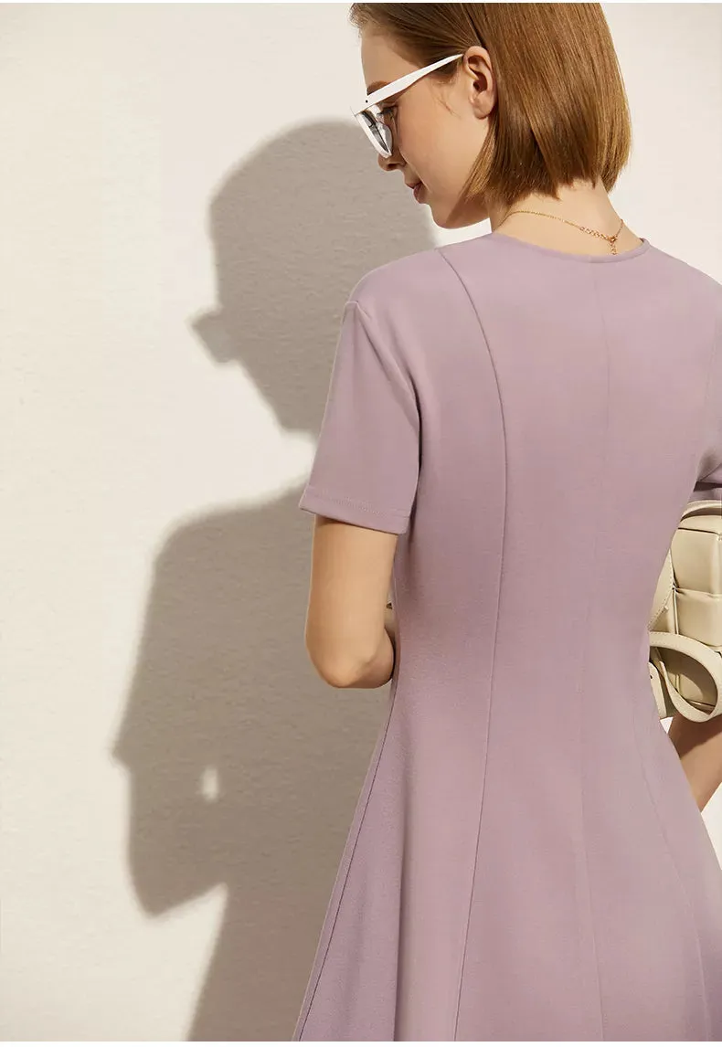 Solid V-neck A-line Slim Midi Dress