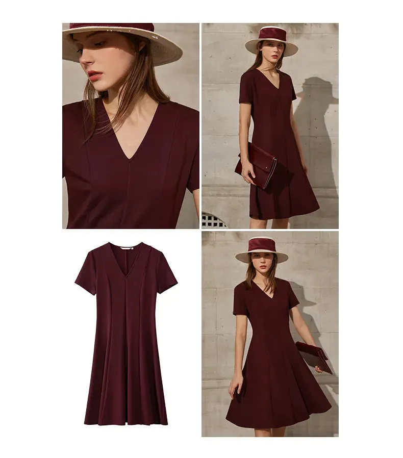 Solid V-neck A-line Slim Midi Dress