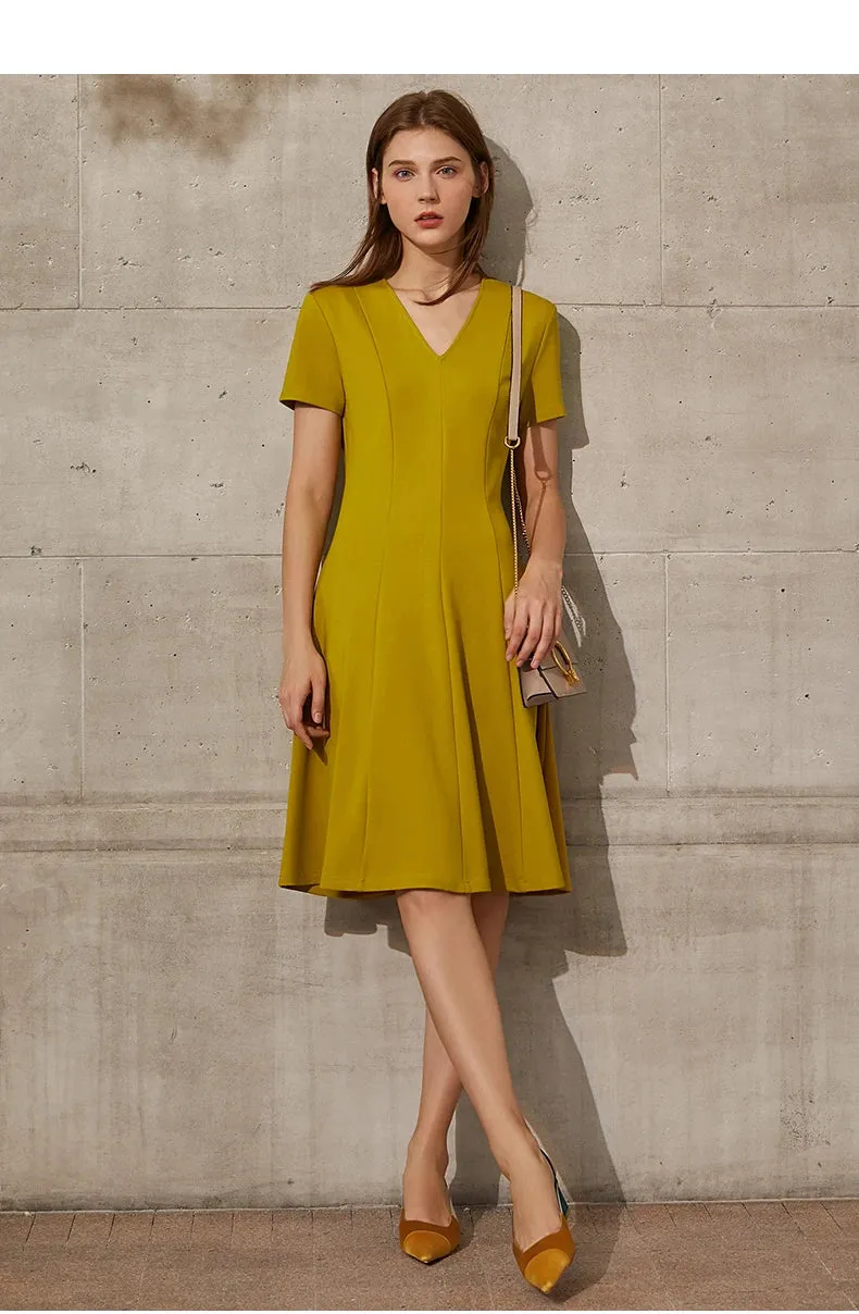 Solid V-neck A-line Slim Midi Dress