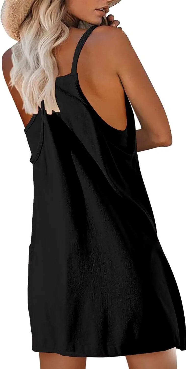 Tennis Dress for Women Built-in Shorts Casual Sleeveless Spaghetti Strap Sundress Workout Athletic Dress with Pocket