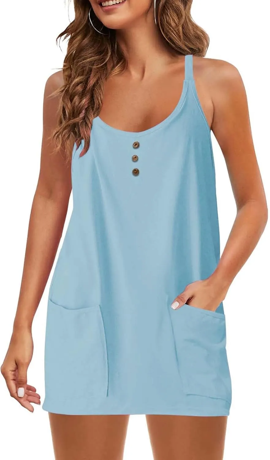 Tennis Dress for Women Built-in Shorts Casual Sleeveless Spaghetti Strap Sundress Workout Athletic Dress with Pocket