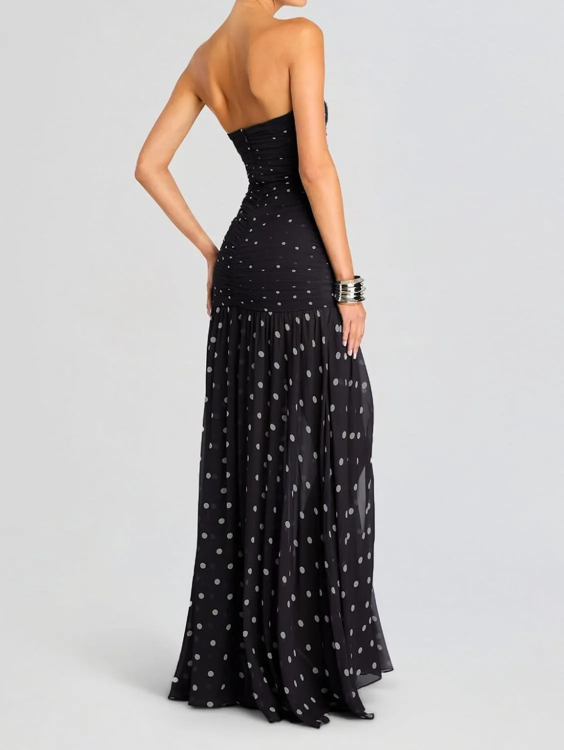 UAURORAO Women Tropical Strapless Maxi Dress Mesh Bodycon Tube Long Dress Flowy Ruffle High Split Evening Gowns