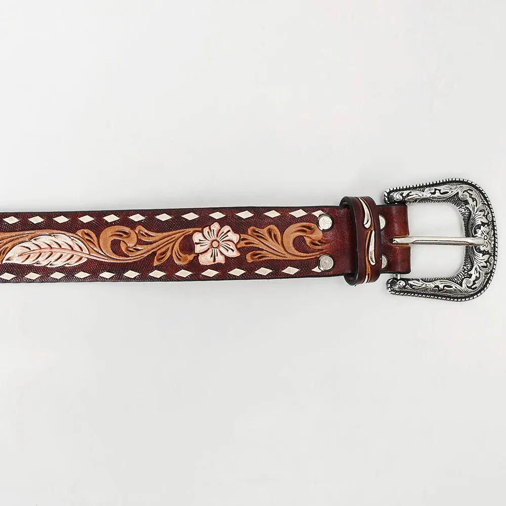 White Buck Hand Tooled Leather Belt