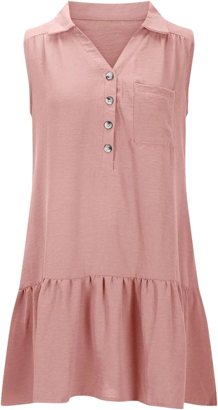 Women Summer Button Shirt Dress Ruched V Neck Sleeveless Sundress with Pocket Loose Casual Vacation Dress 2025