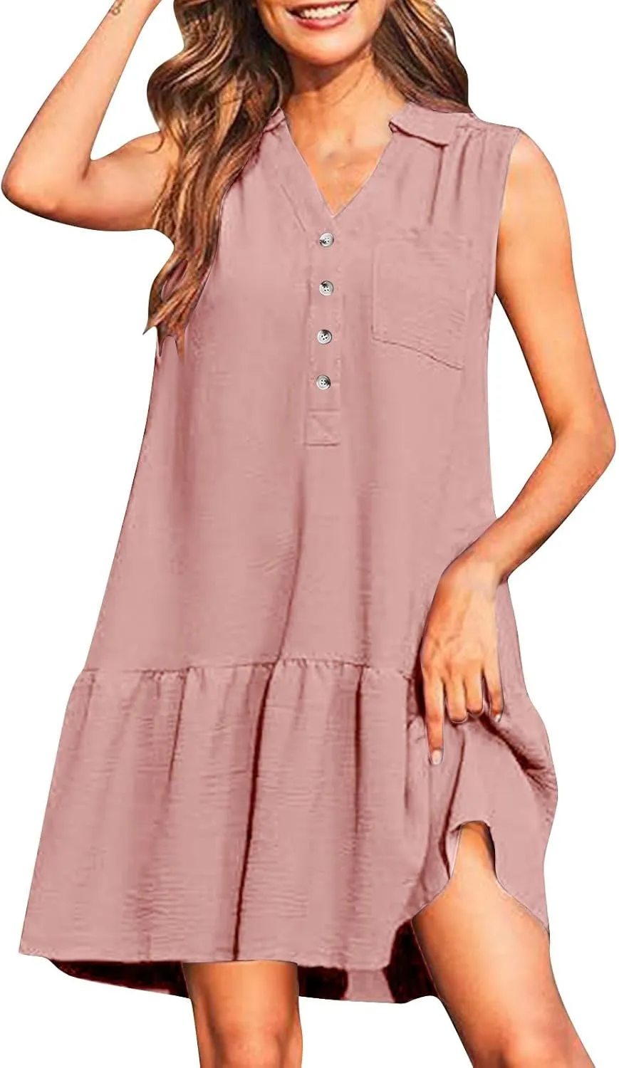 Women Summer Button Shirt Dress Ruched V Neck Sleeveless Sundress with Pocket Loose Casual Vacation Dress 2025