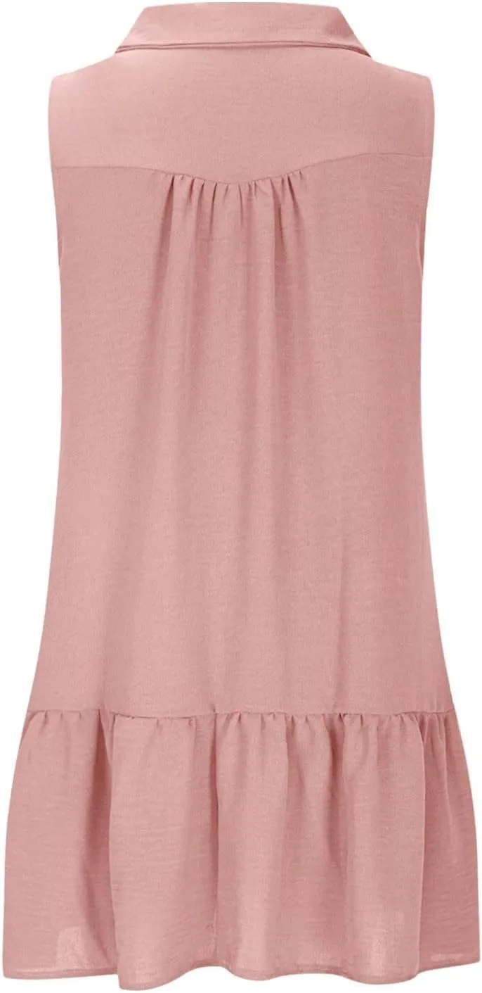 Women Summer Button Shirt Dress Ruched V Neck Sleeveless Sundress with Pocket Loose Casual Vacation Dress 2025