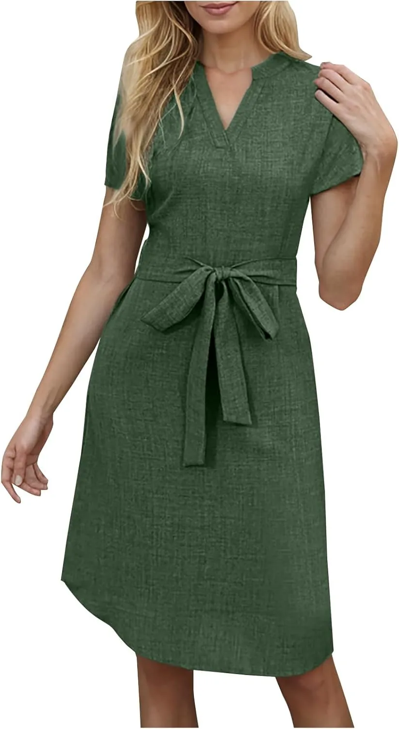 Women Summer Midi Shirt Dress Lapel Short Sleeve Tie Waist Wrinkle-Free Slim Work Vacation Party Shift Dress