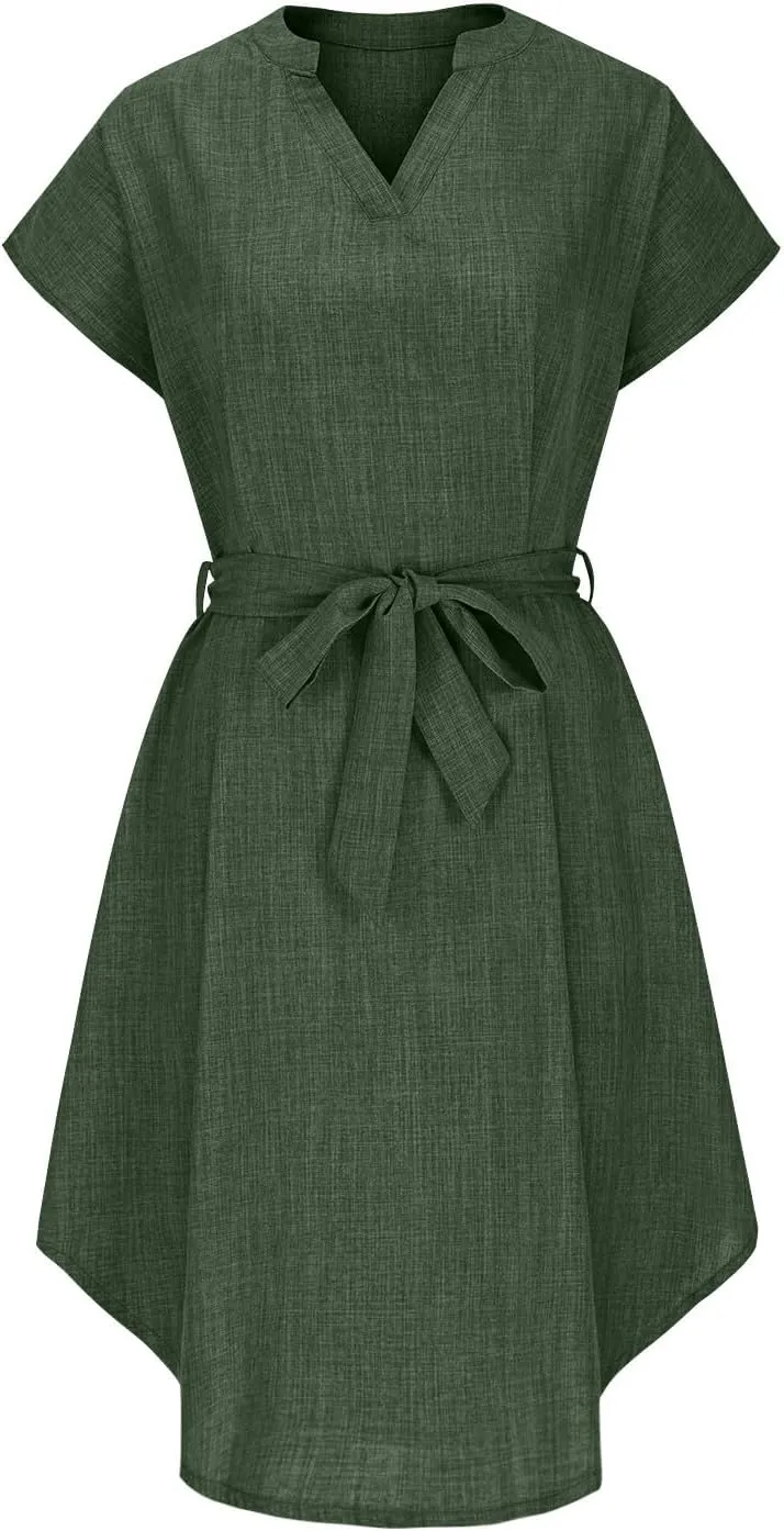 Women Summer Midi Shirt Dress Lapel Short Sleeve Tie Waist Wrinkle-Free Slim Work Vacation Party Shift Dress