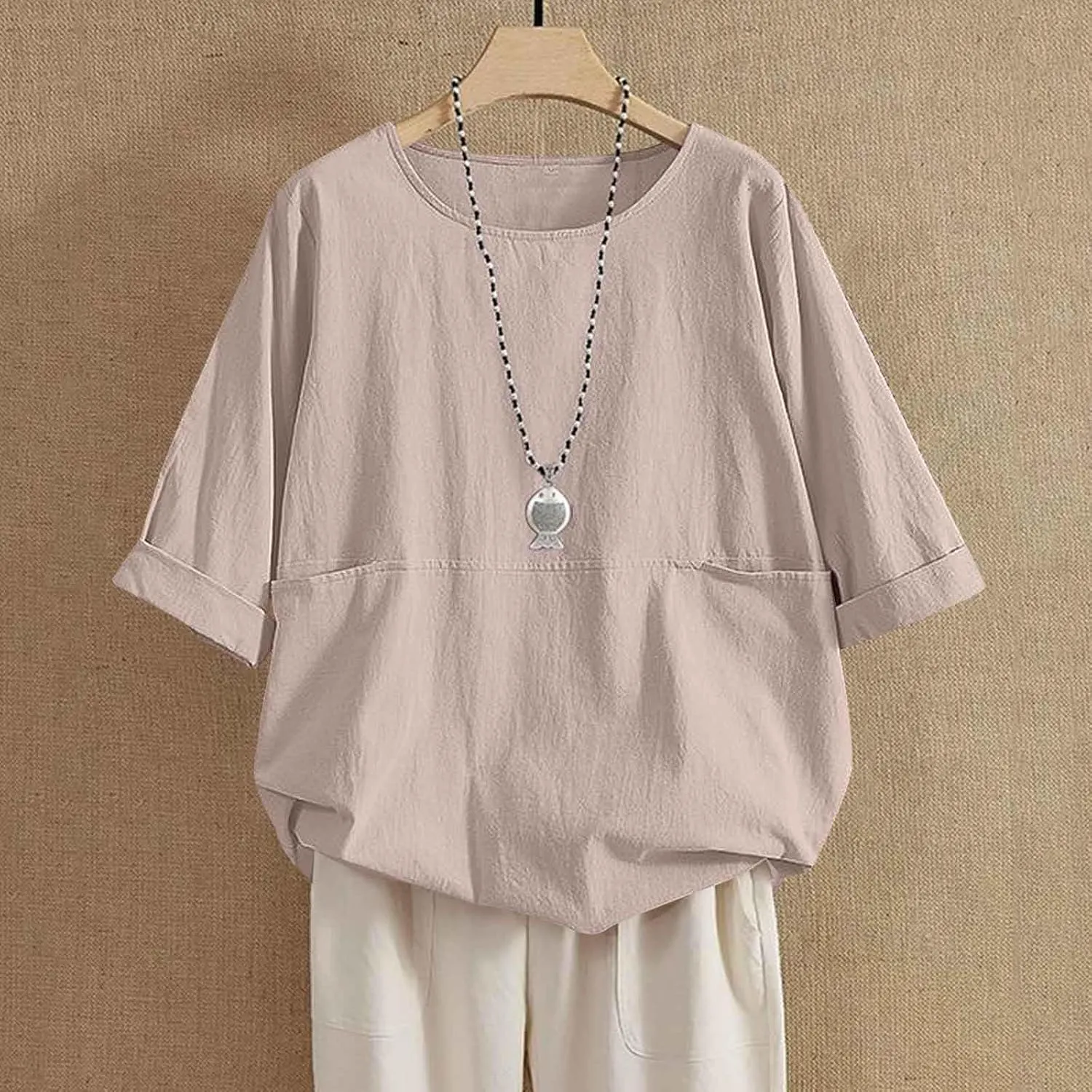Women's Cotton Linen Shirts Patchwork Pocket Crewneck Rolled Sleeve T Shirts 2025 Summer Loose Breathable Tunic Tops