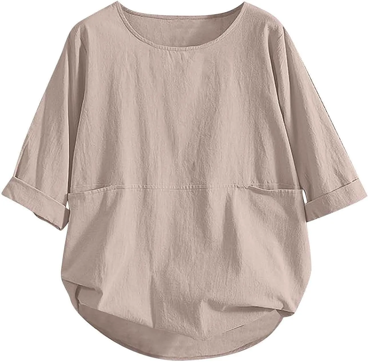 Women's Cotton Linen Shirts Patchwork Pocket Crewneck Rolled Sleeve T Shirts 2025 Summer Loose Breathable Tunic Tops