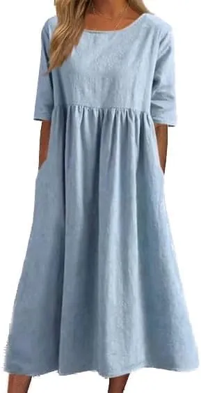 Women's Cotton Summer Midi Dress Short Half Sleeves Tunic Vacation Dress with Pockets