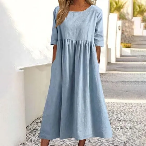 Women's Cotton Summer Midi Dress Short Half Sleeves Tunic Vacation Dress with Pockets