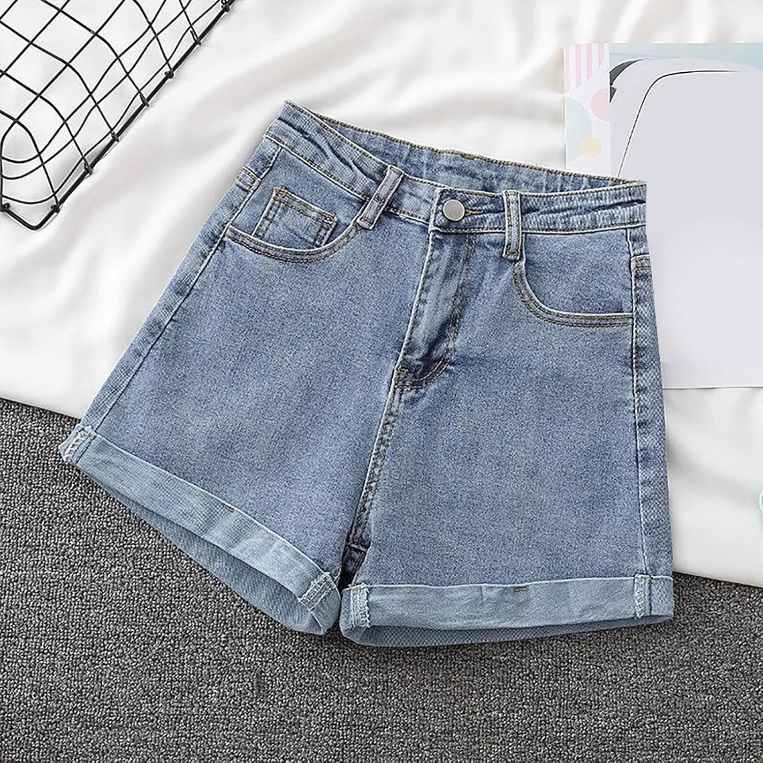 Women's Denim Shorts High Waisted Button Casual Soft Loose with Folded Hem Stretchy Trendy Jeans Shorts