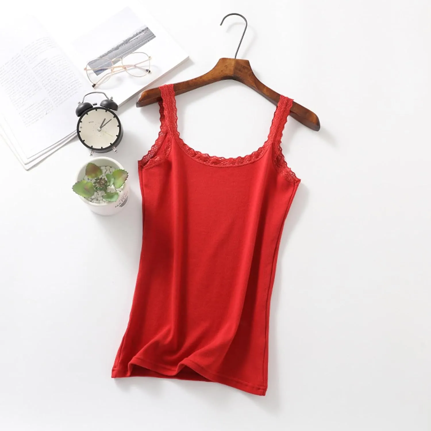 Women's Lace Ruffle Strap Summer Casual Tank Tops Scoop Neck Cotton Camisole Soft Comfortable Sleeveless Shirts