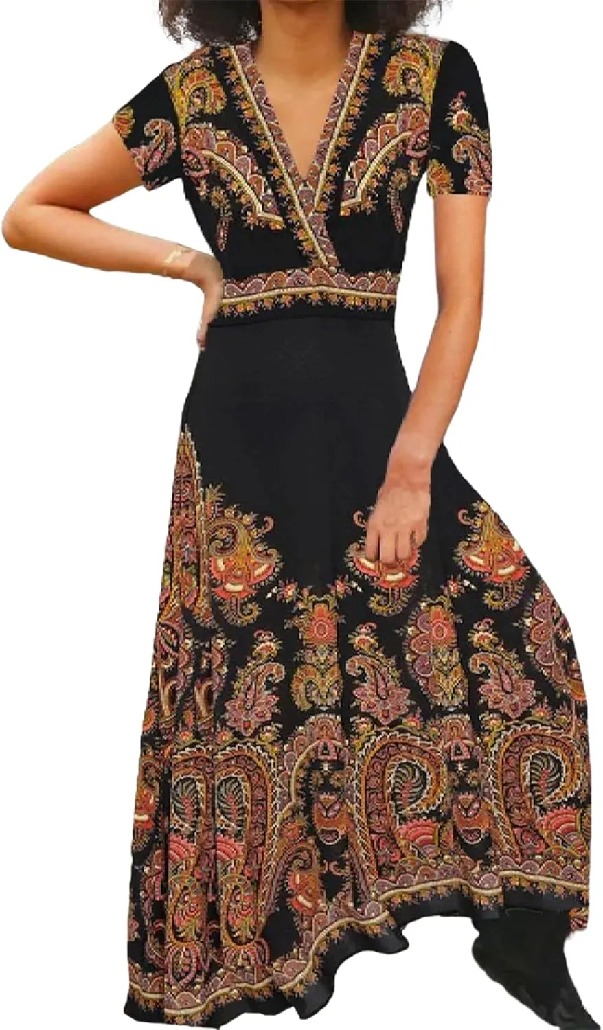 Women's Midi Dresses Spring Modern Boho Chic Paisley Dress V Neck Short Sleeve Flowy Shift Summer 2025