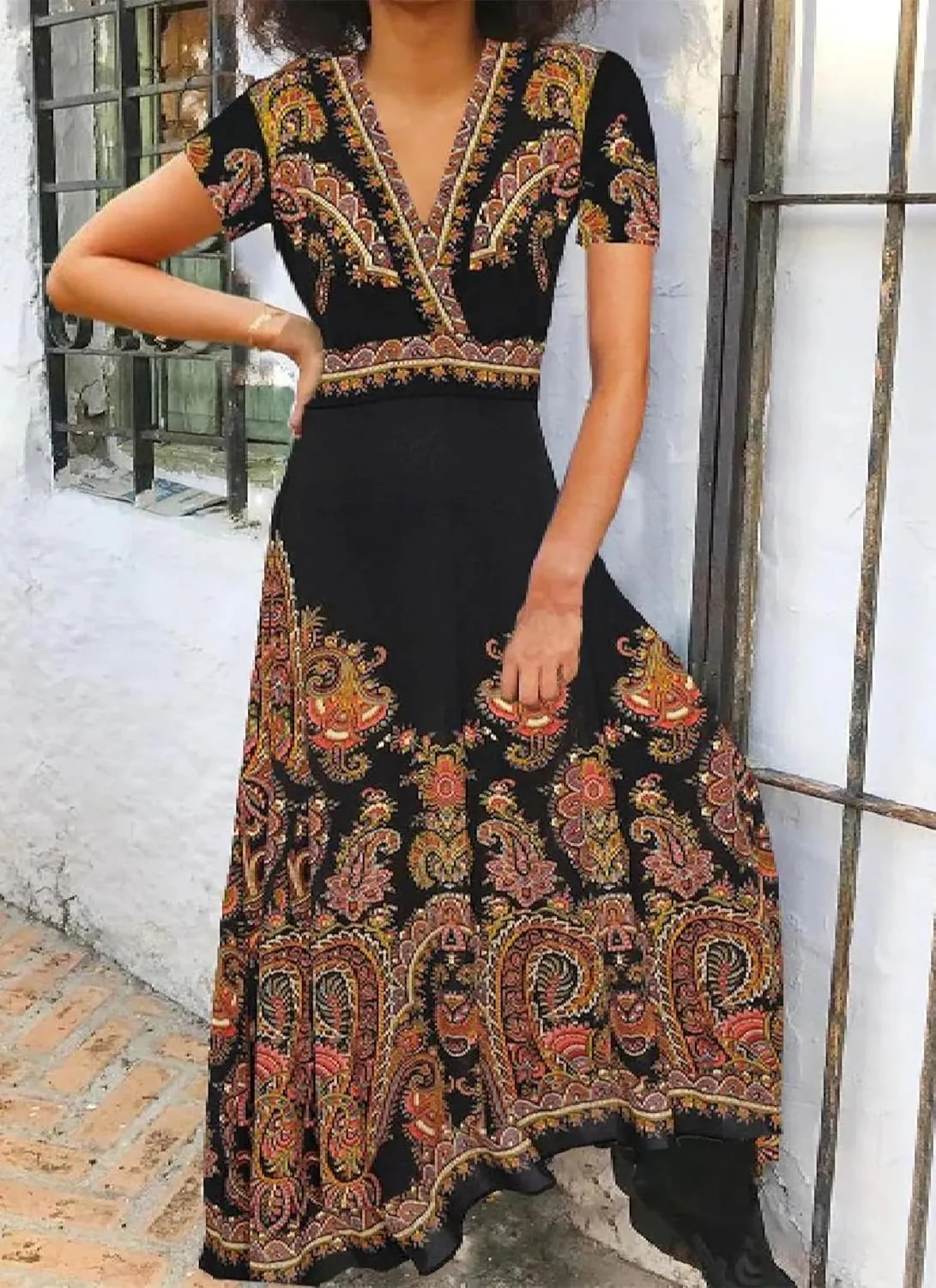 Women's Midi Dresses Spring Modern Boho Chic Paisley Dress V Neck Short Sleeve Flowy Shift Summer 2025