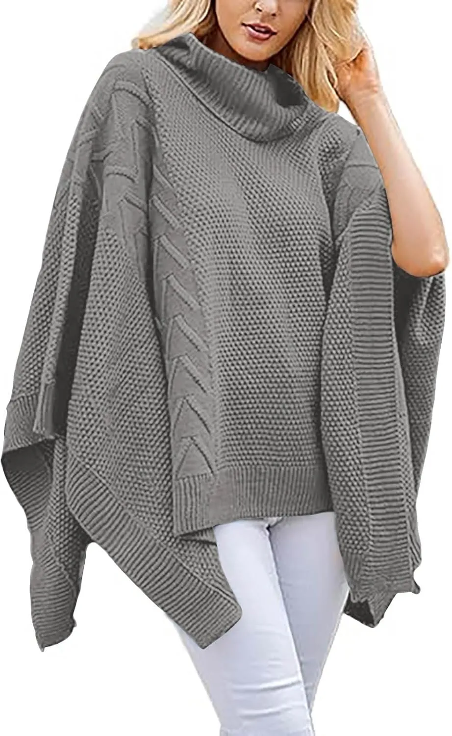 Womens Plus Size Poncho Sweater Oversized Chic Turtleneck Batwing Sleeve Asymmetric Knitted Pullover Shawl Wrap Cape
