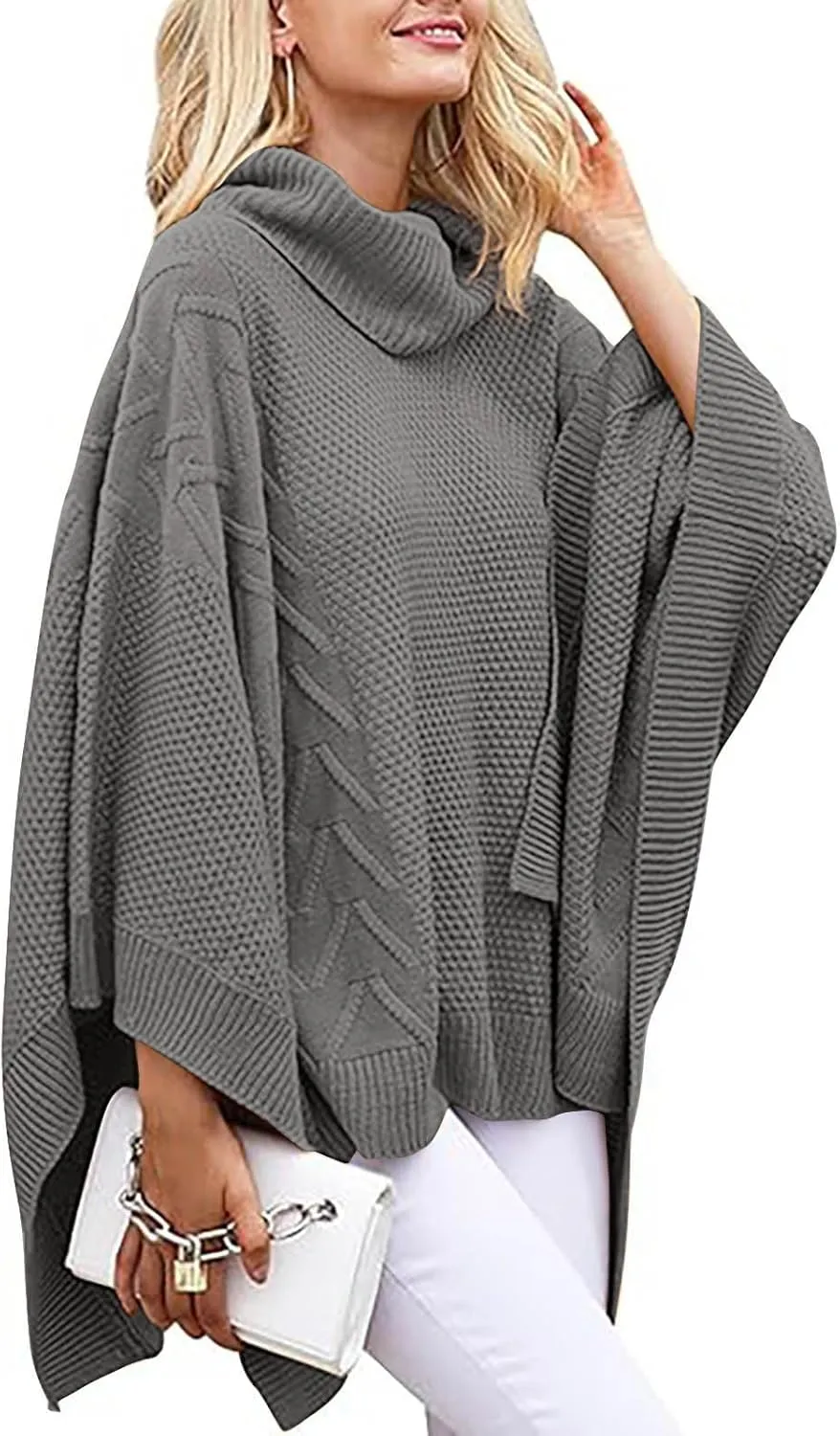 Womens Plus Size Poncho Sweater Oversized Chic Turtleneck Batwing Sleeve Asymmetric Knitted Pullover Shawl Wrap Cape