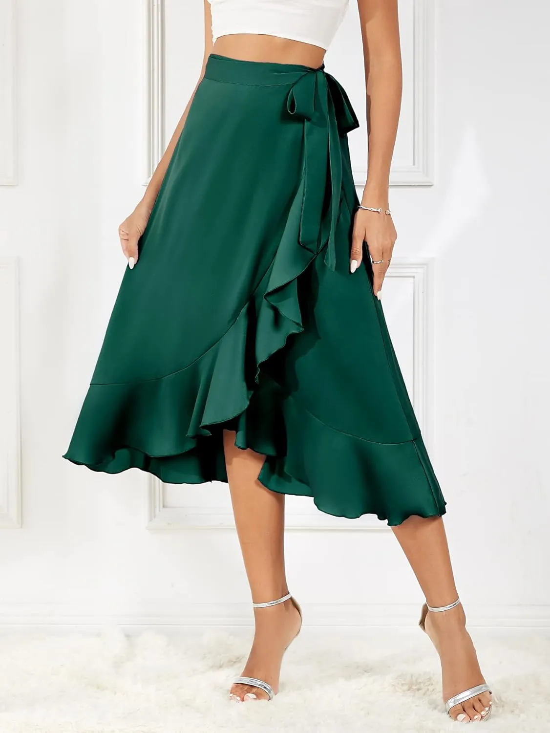 Women's Satin Wrap Skirt Adjustable Tie Ruffle Hem Flowy High Low Trendy Midi Skirt